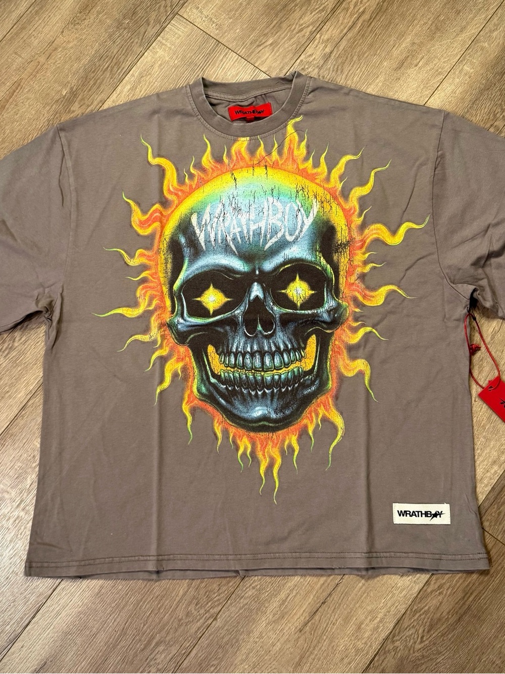 WRATH BOY Skull Flames City Skyline on Fire Size Medium Oversized Boxy